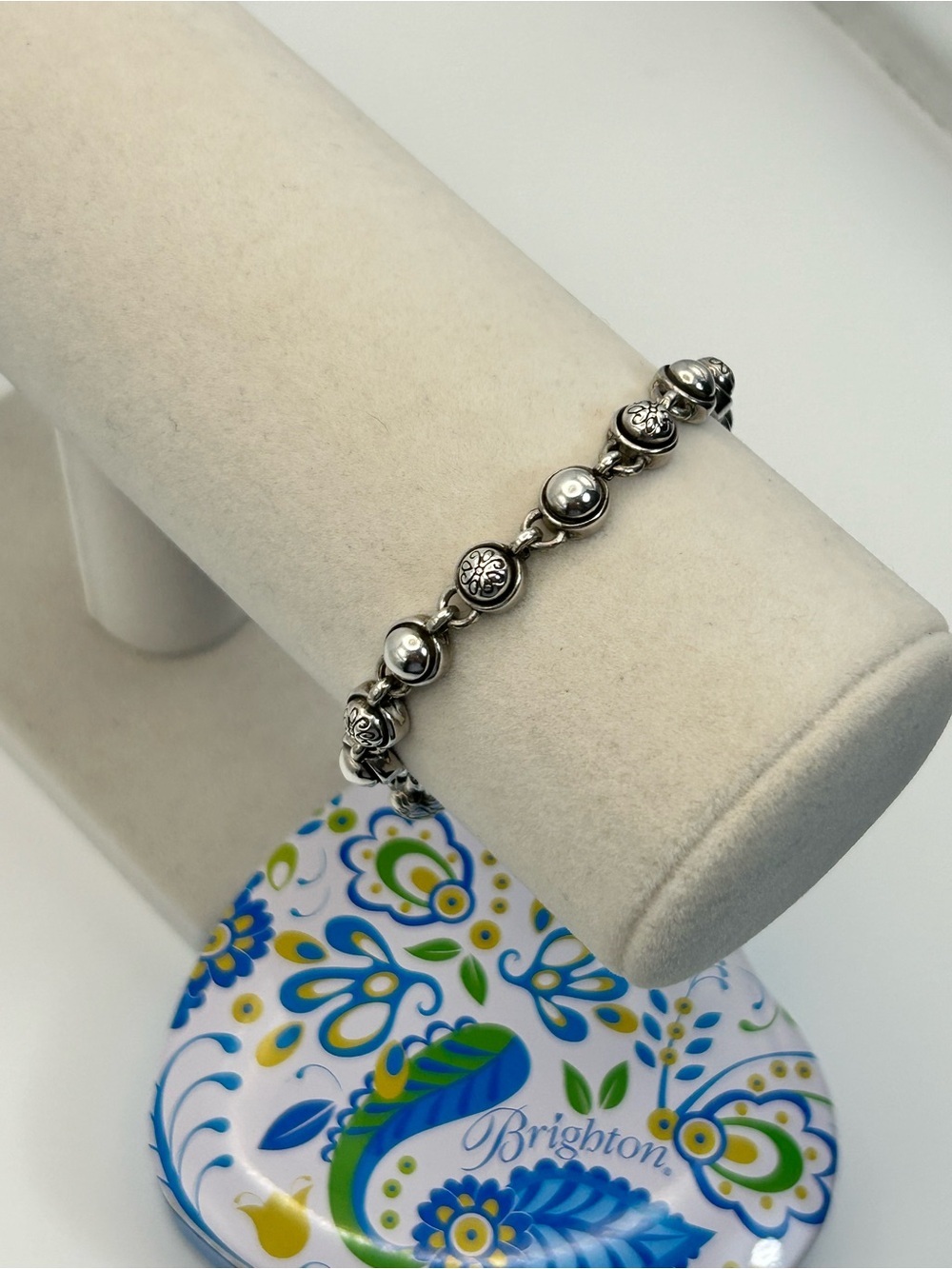 Brighton Beaded Chain Bracelet Vintage Silver Plated 7.5" & Tin